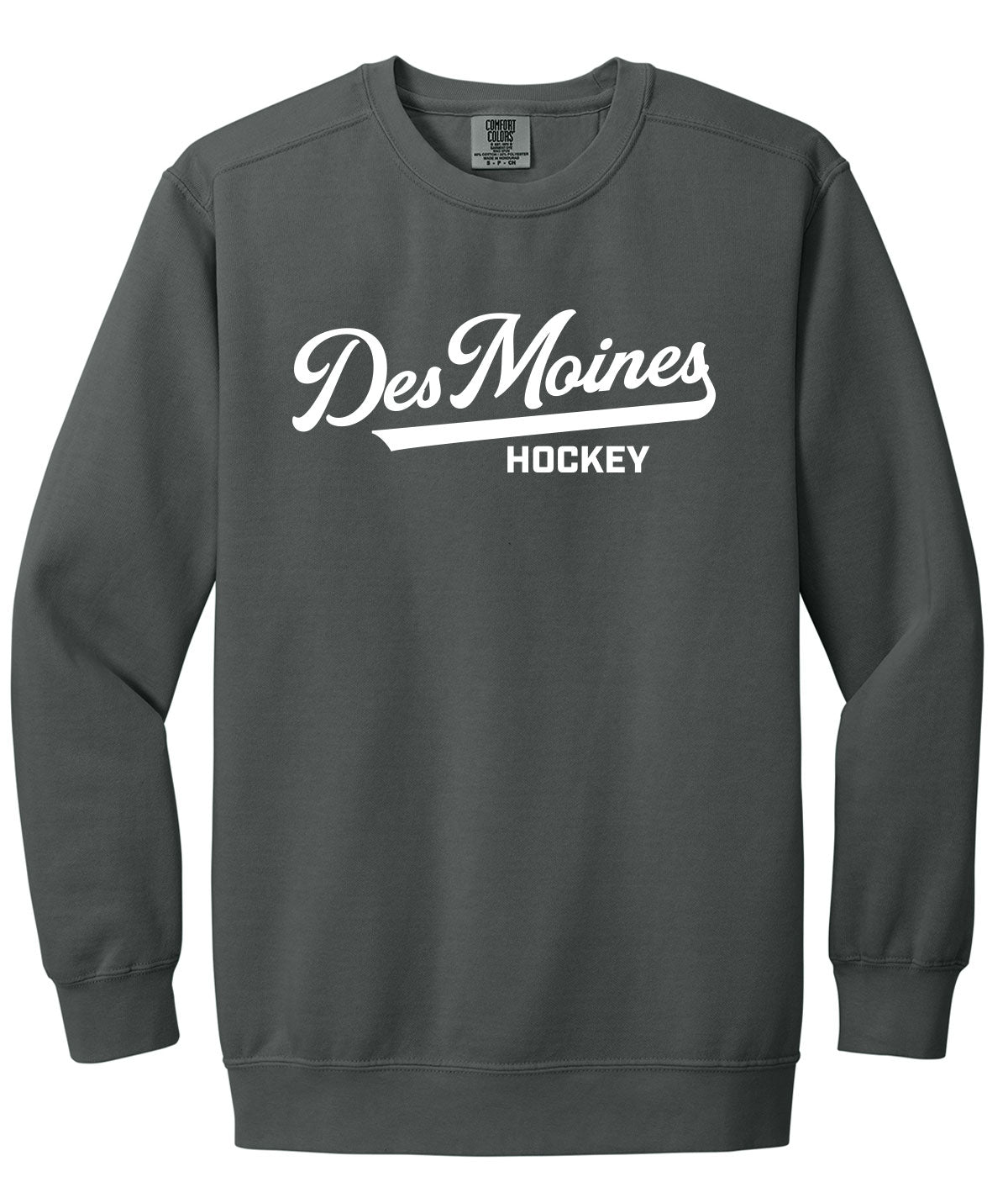 Des Moines Hockey Script Comfort Colors Crewneck Sweatshirt