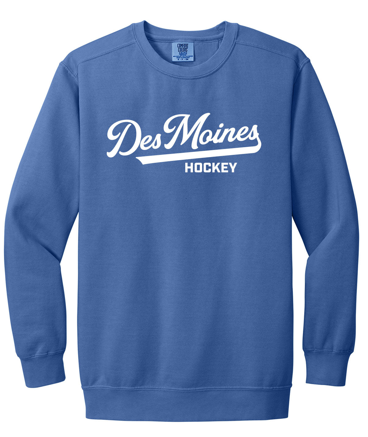 Des Moines Hockey Script Comfort Colors Crewneck Sweatshirt