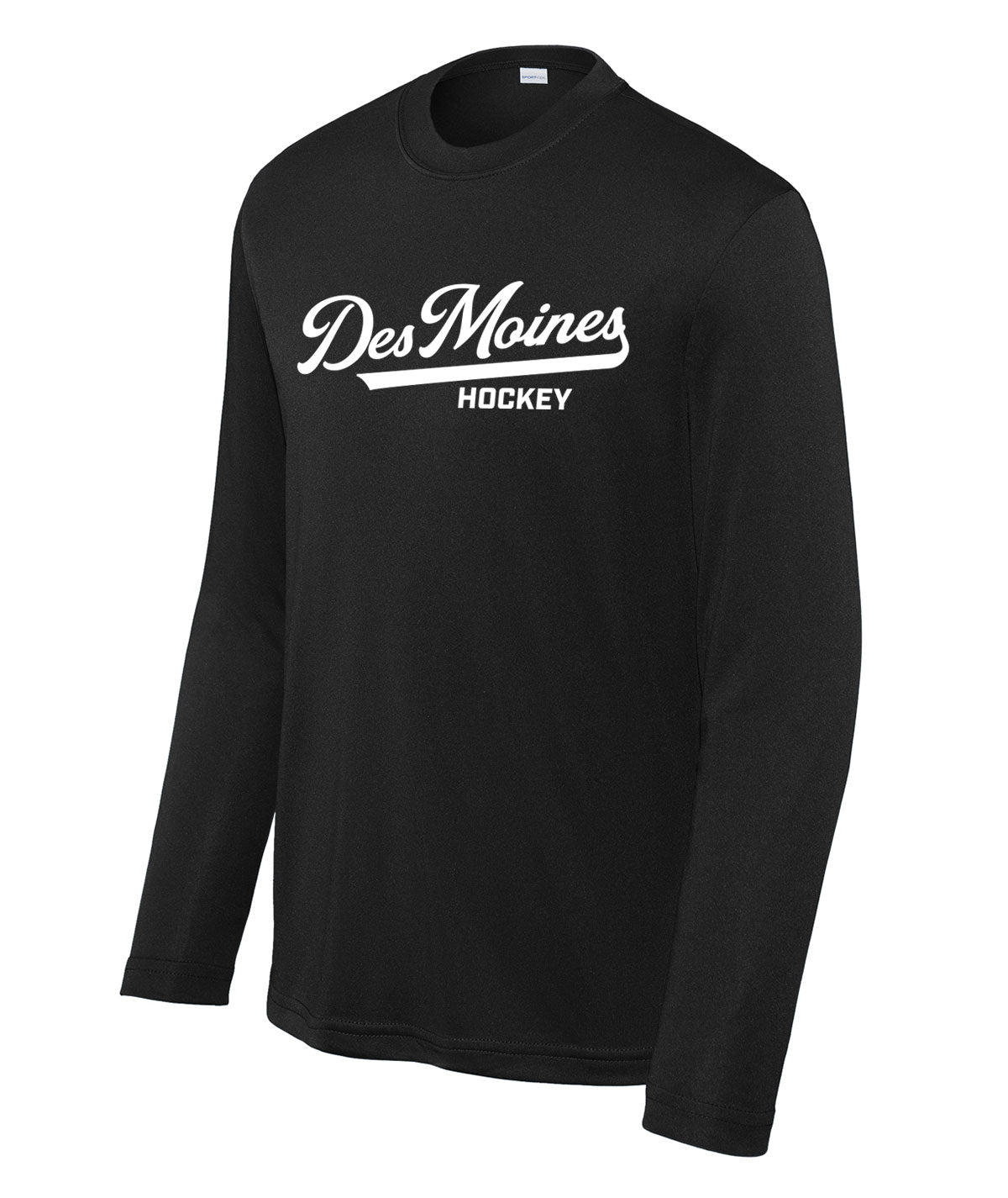 Des Moines Hockey Script Youth Long-Sleeve Performance Tee